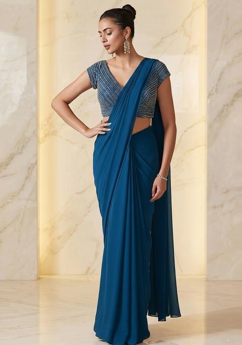 Dark Teal Embroidered Handwork Pre Draped Saree Set