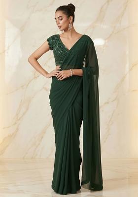 Dark Green Embroidered Handwork Pre Draped Saree Set