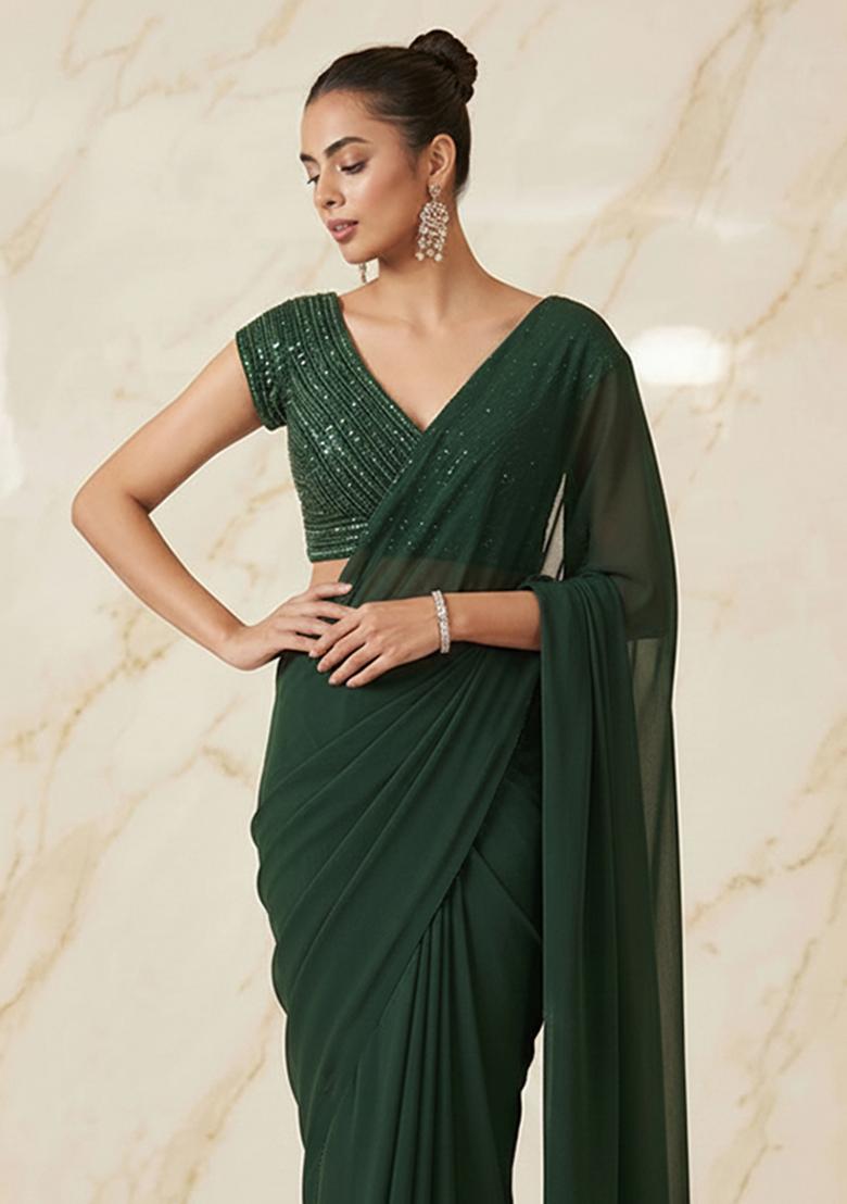Dark Green Embroidered Handwork Pre Draped Saree Set - Indya