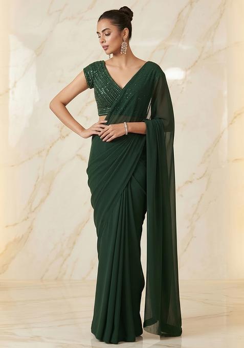 Dark Green Embroidered Handwork Pre Draped Saree Set