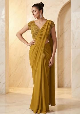 Mustard Yellow Embroidered Handwork Pre Draped Saree Set