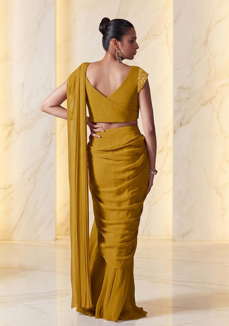 Mustard Yellow Embroidered Handwork Pre Draped Saree Set - Indya