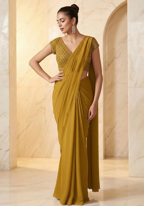 Mustard Yellow Embroidered Handwork Pre Draped Saree Set