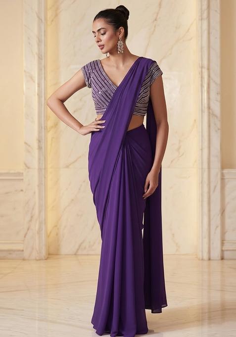 Purple Embroidered Handwork Pre Draped Saree Set