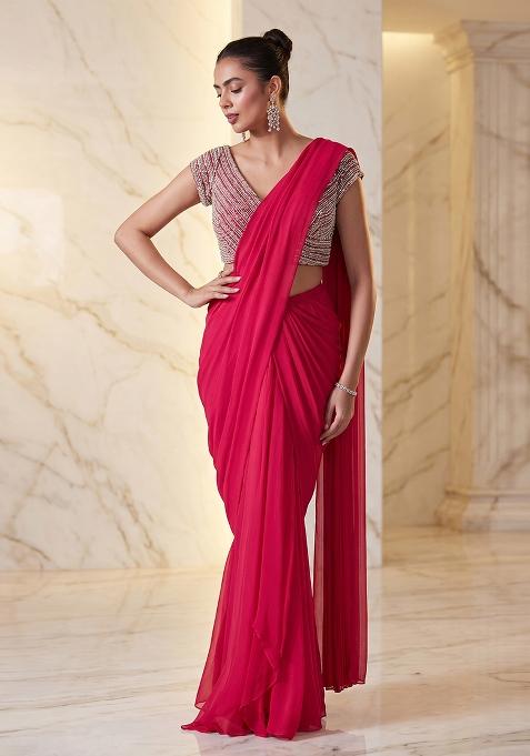 Rani Pink Embroidered Handwork Pre Draped Saree Set