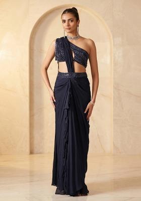 Black Embroidered Handwork Pre Draped Saree Set