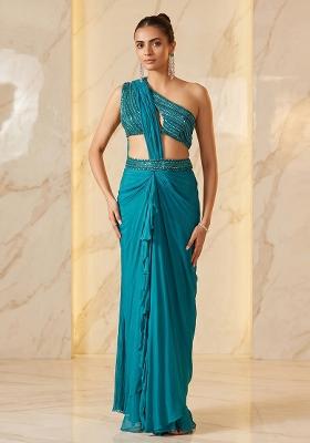 Teal Embroidered Handwork Pre Draped Saree Set