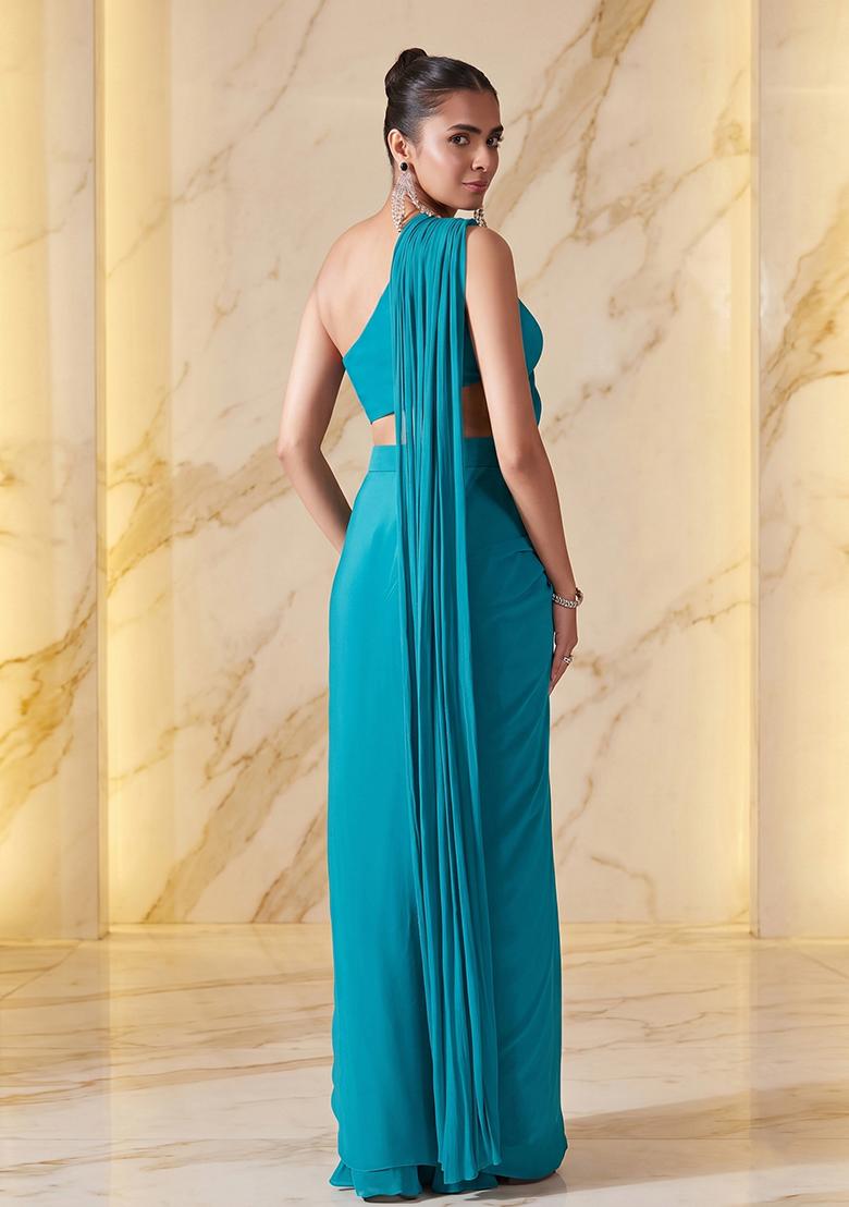 Teal Embroidered Handwork Pre Draped Saree Set - Indya