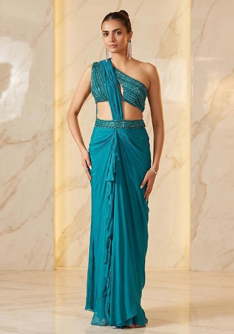 Teal Embroidered Handwork Pre Draped Saree Set