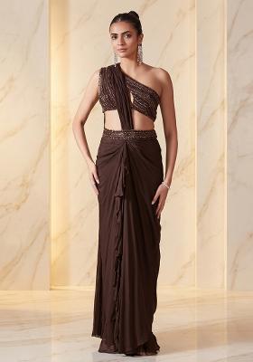Dark Brown Embroidered Handwork Pre Draped Saree Set
