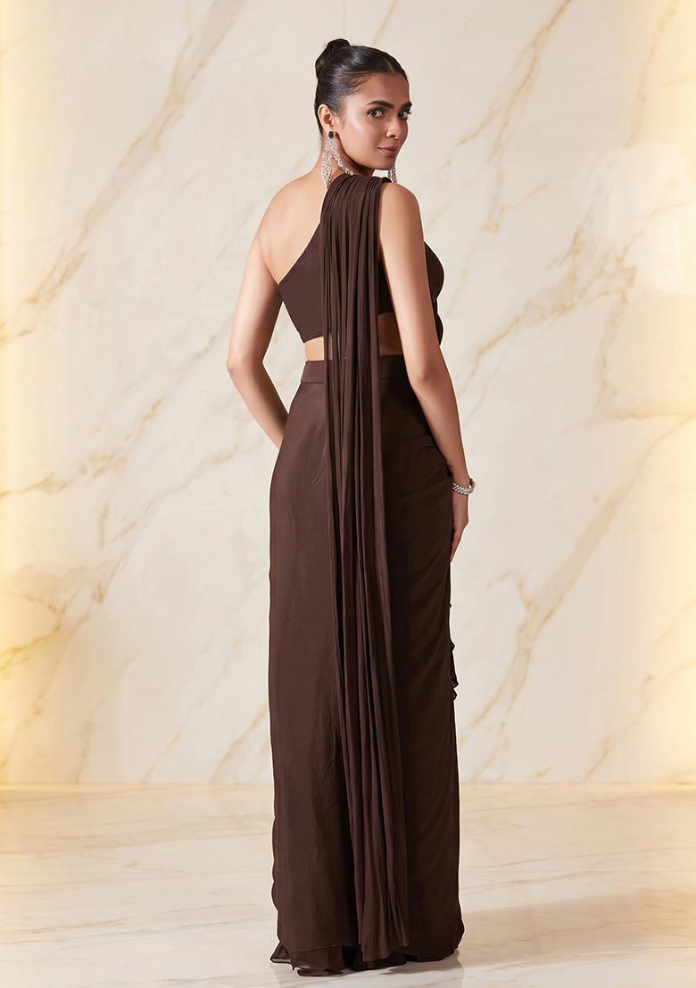 Dark Brown Embroidered Handwork Pre Draped Saree Set - Indya