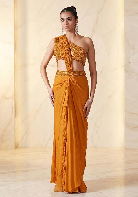 Orange Embroidered Handwork Pre Draped Saree Set