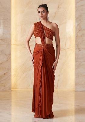 Rust Embroidered Handwork Pre Draped Saree Set