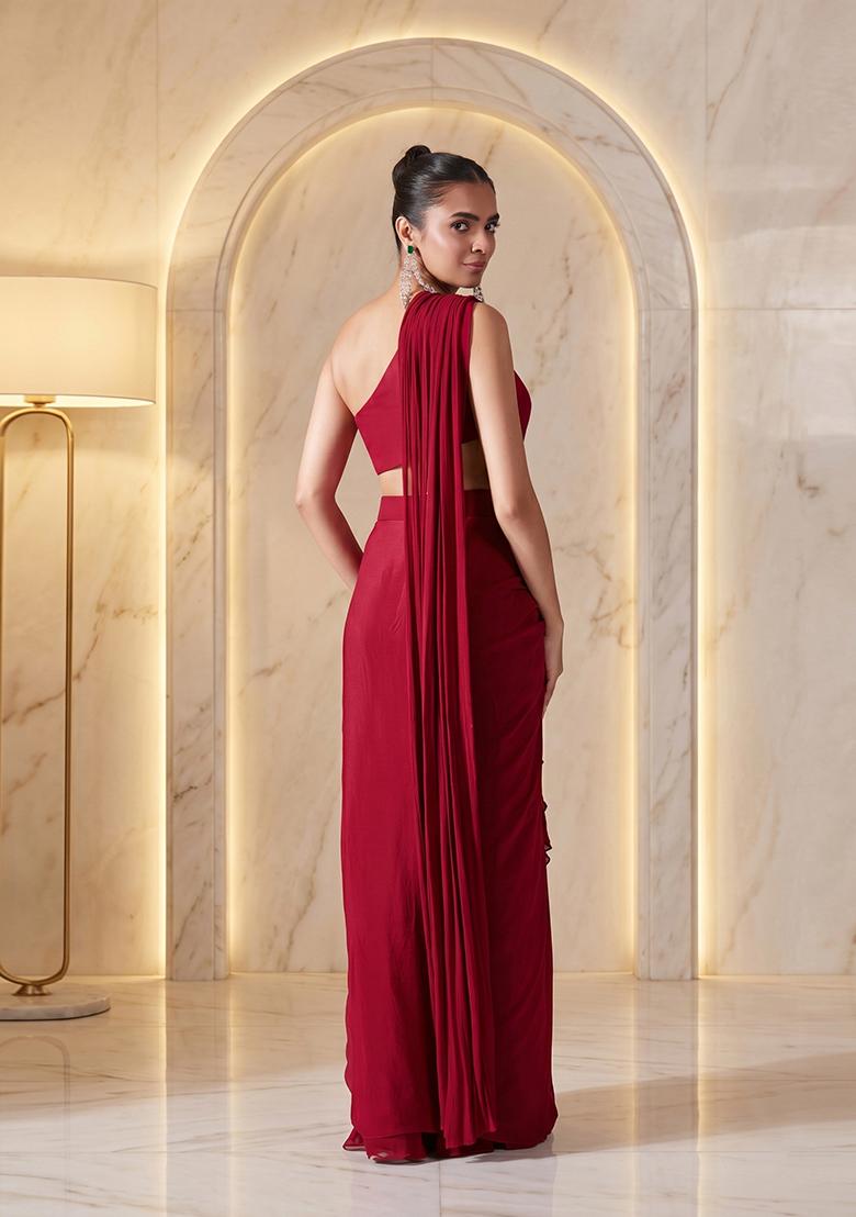 Red Embroidered Handwork Pre Draped Saree Set - Indya