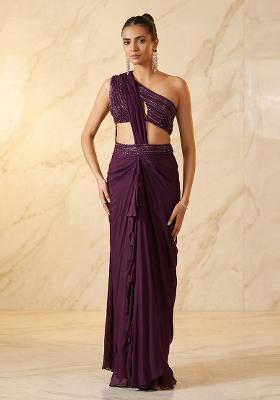 Wine Embroidered Handwork Pre Draped Saree Set