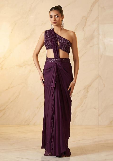 Wine Embroidered Handwork Pre Draped Saree Set