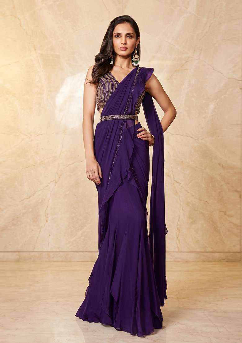 Dark Purple Embroidered Handwork Pre Draped Saree Set - Indya