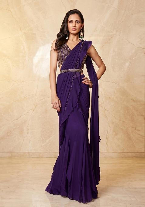 Dark Purple Embroidered Handwork Pre Draped Saree Set