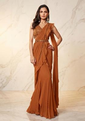 Rust Embroidered Handwork Pre Draped Saree Set