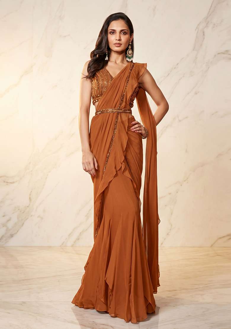 Rust Embroidered Handwork Pre Draped Saree Set - Indya