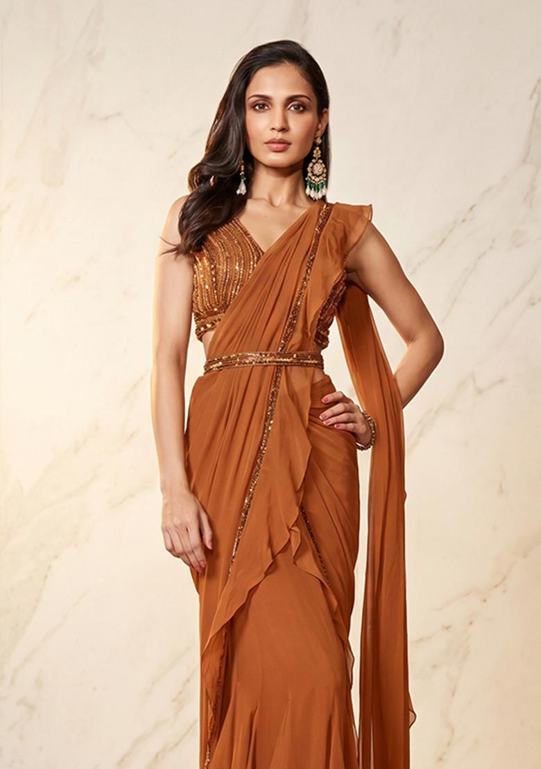 Rust Embroidered Handwork Pre Draped Saree Set - Indya