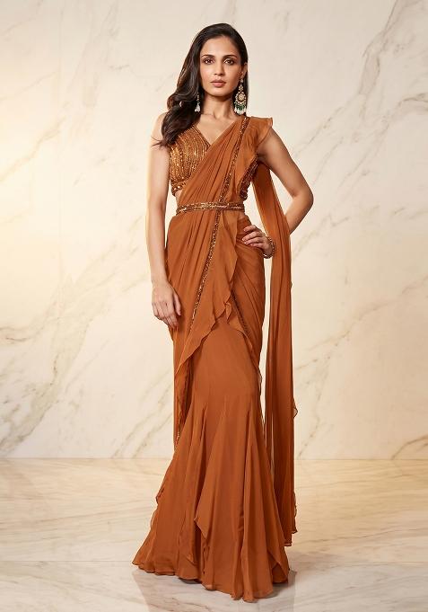 Rust Embroidered Handwork Pre Draped Saree Set