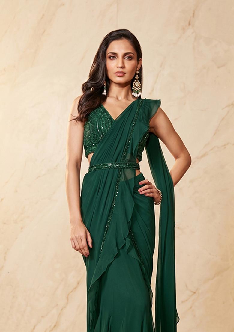 Dark Green Embroidered Handwork Pre Draped Saree Set - Indya