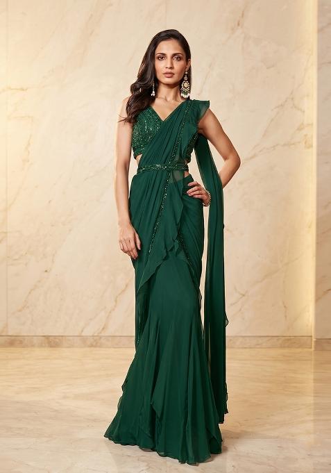 Dark Green Embroidered Handwork Pre Draped Saree Set
