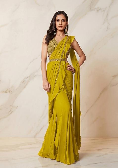 Lime Green Embroidered Handwork Pre Draped Saree Set