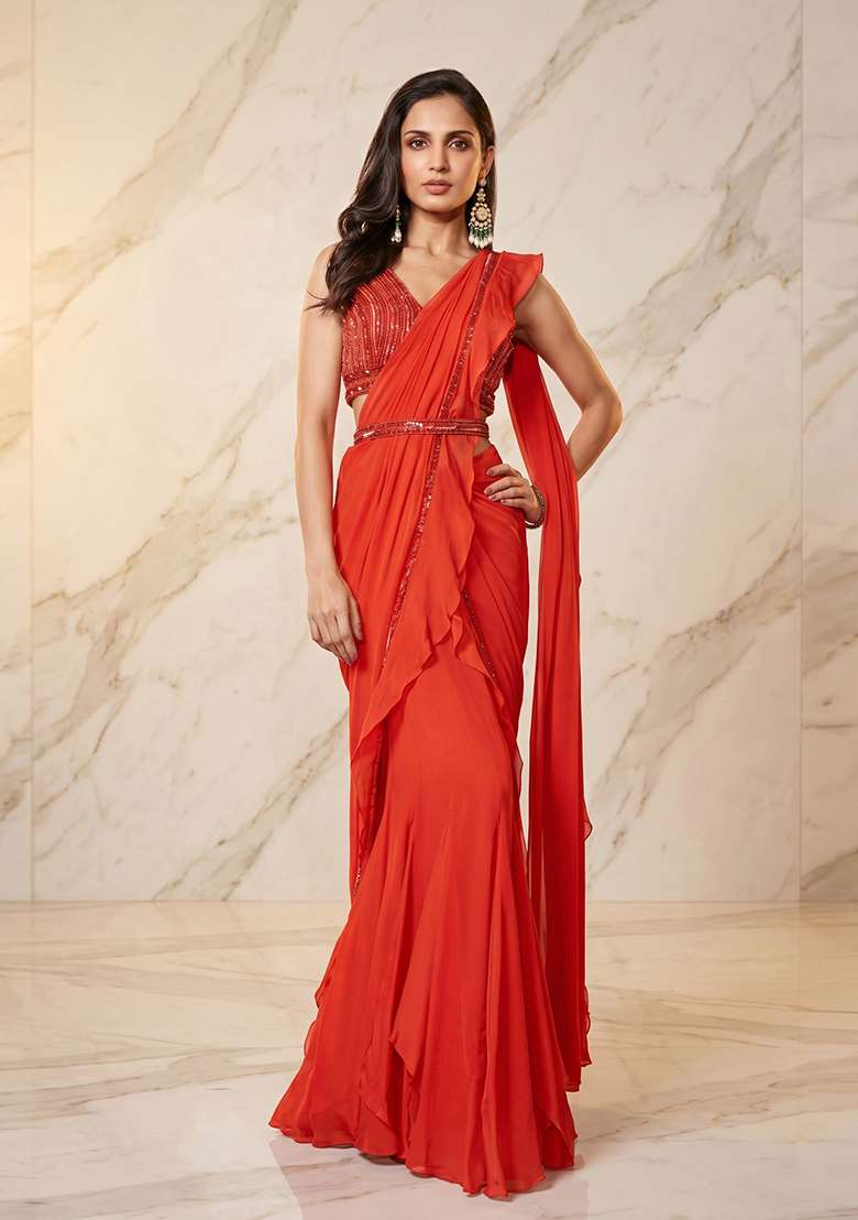 Orange Embroidered Handwork Pre Draped Saree Set - Indya