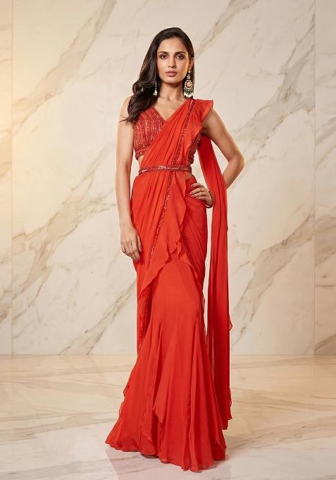 Orange Embroidered Handwork Pre Draped Saree Set