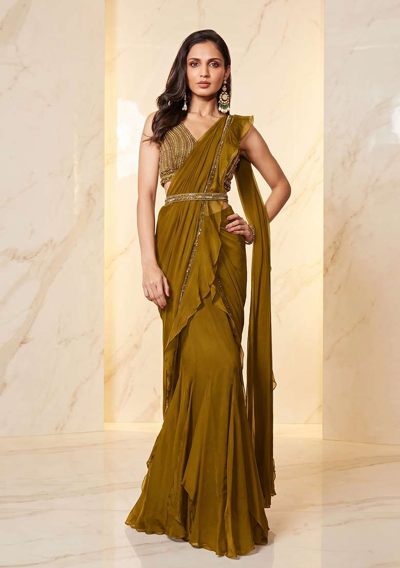 Olive Embroidered Handwork Pre Draped Saree Set - Indya