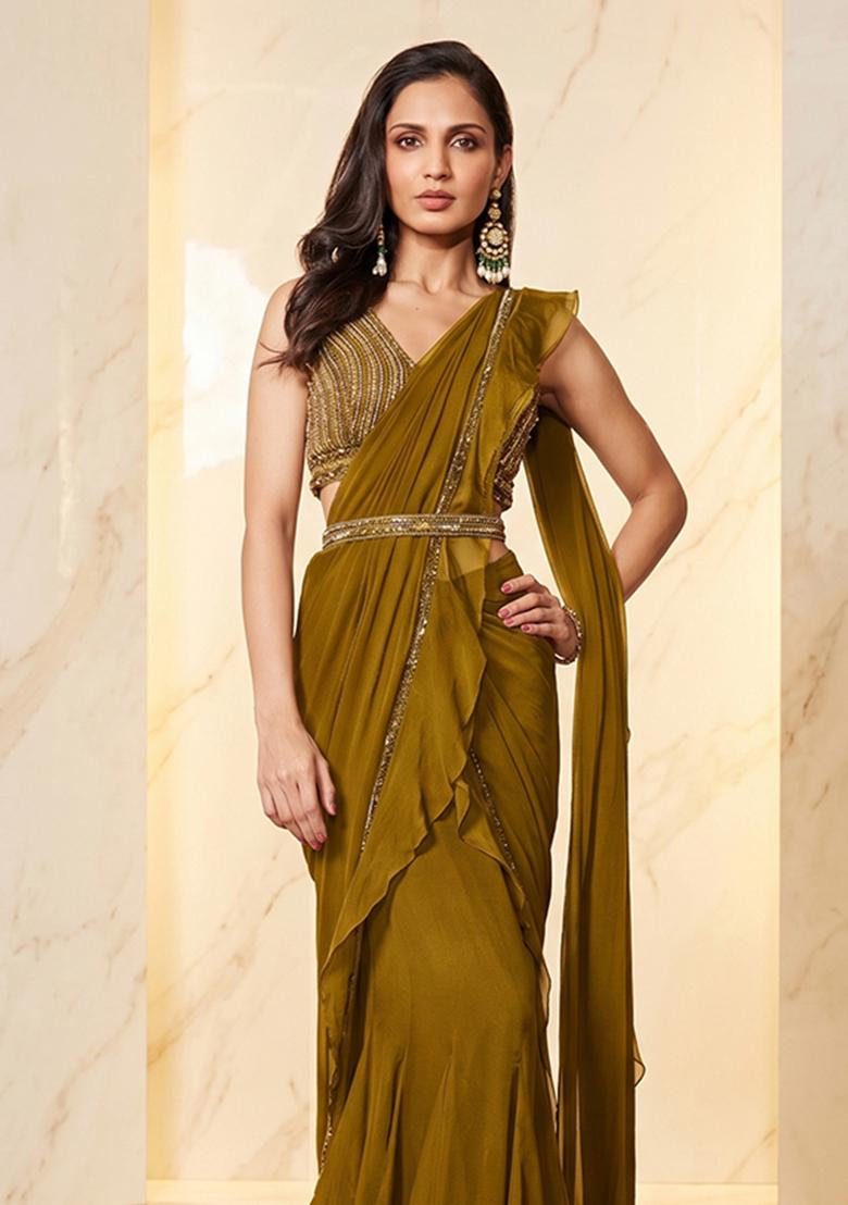 Olive Embroidered Handwork Pre Draped Saree Set - Indya
