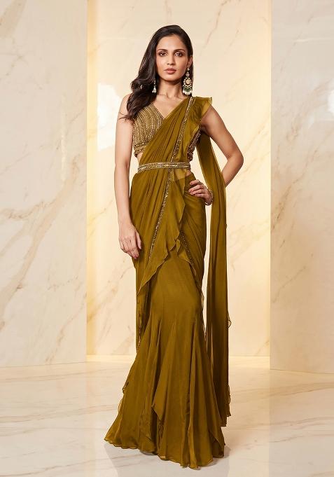 Olive Embroidered Handwork Pre Draped Saree Set