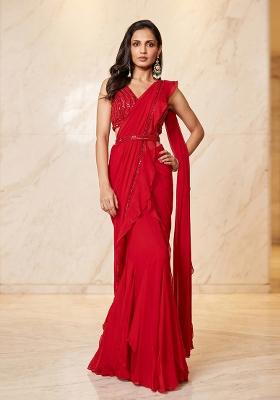 Red Embroidered Handwork Pre Draped Saree Set