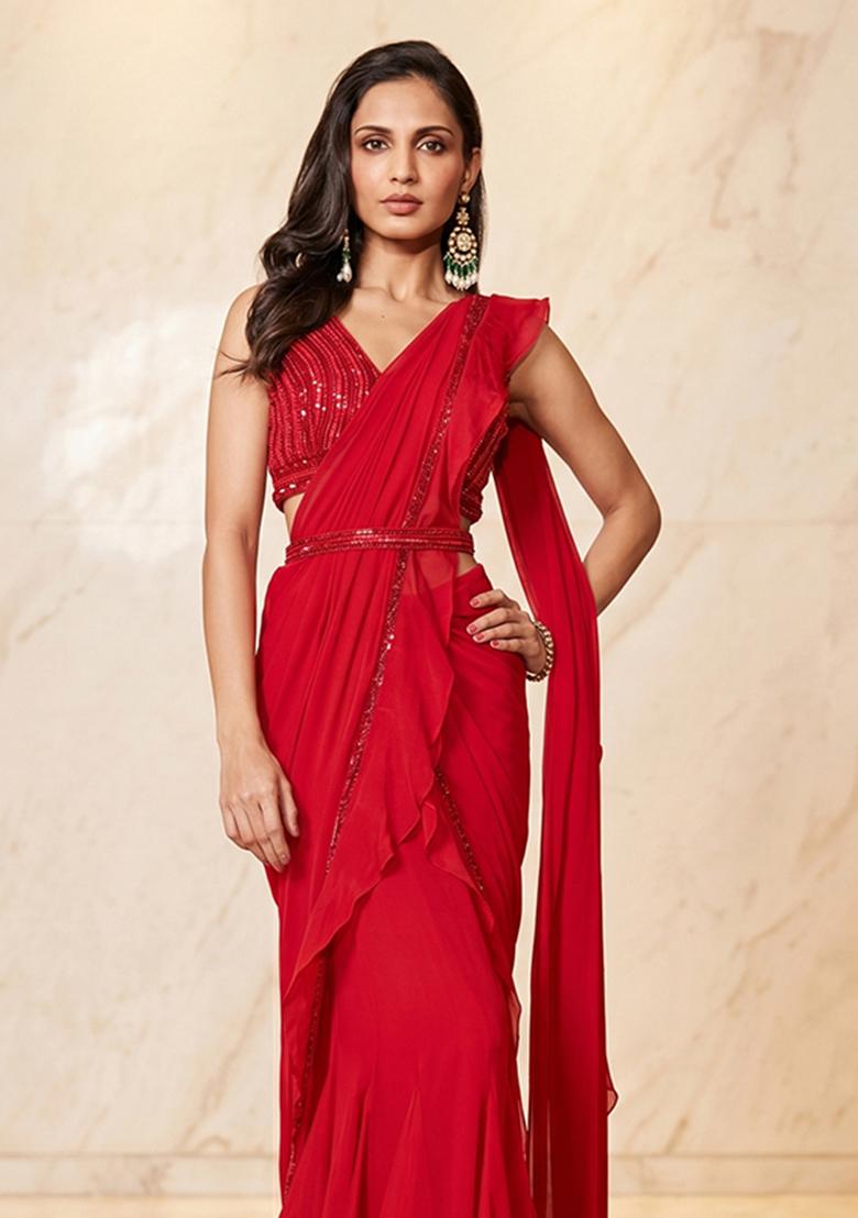 Red Embroidered Handwork Pre Draped Saree Set - Indya