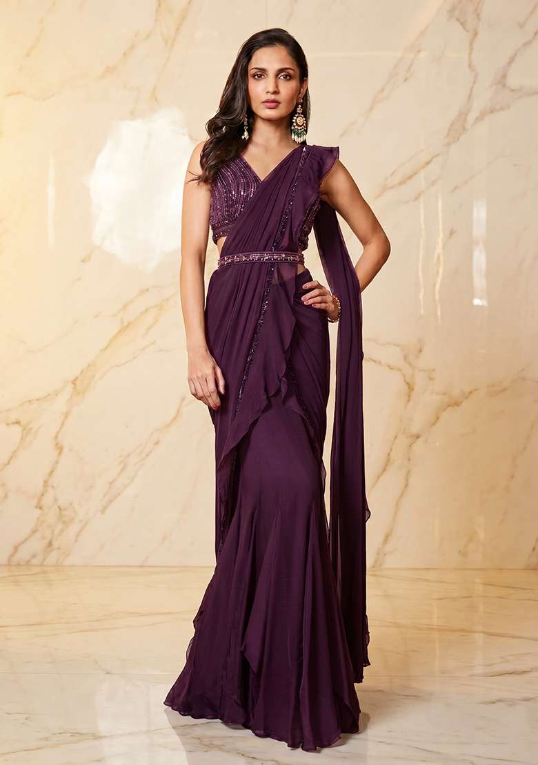 Dark Purple Embroidered Handwork Pre Draped Saree Set - Indya