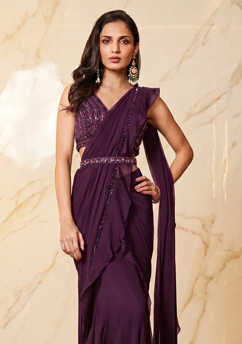 Dark Purple Embroidered Handwork Pre Draped Saree Set - Indya