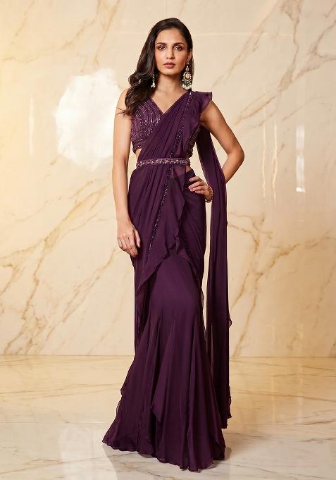 Dark Purple Embroidered Handwork Pre Draped Saree Set