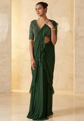 Dark Green Embroidered Handwork Pre Draped Saree Set