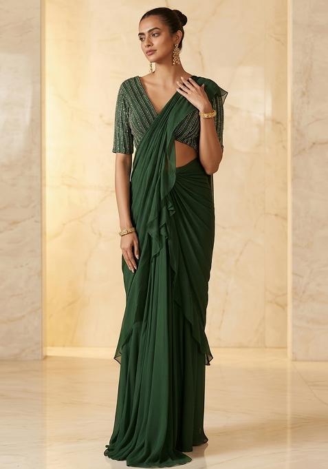 Dark Green Embroidered Handwork Pre Draped Saree Set