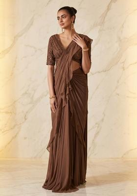 Brown Embroidered Handwork Pre Draped Saree Set