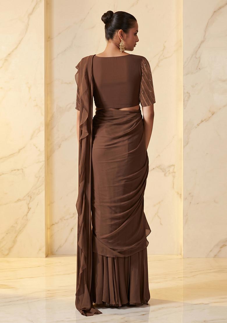Brown Embroidered Handwork Pre Draped Saree Set - Indya