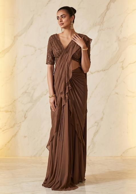 Brown Embroidered Handwork Pre Draped Saree Set