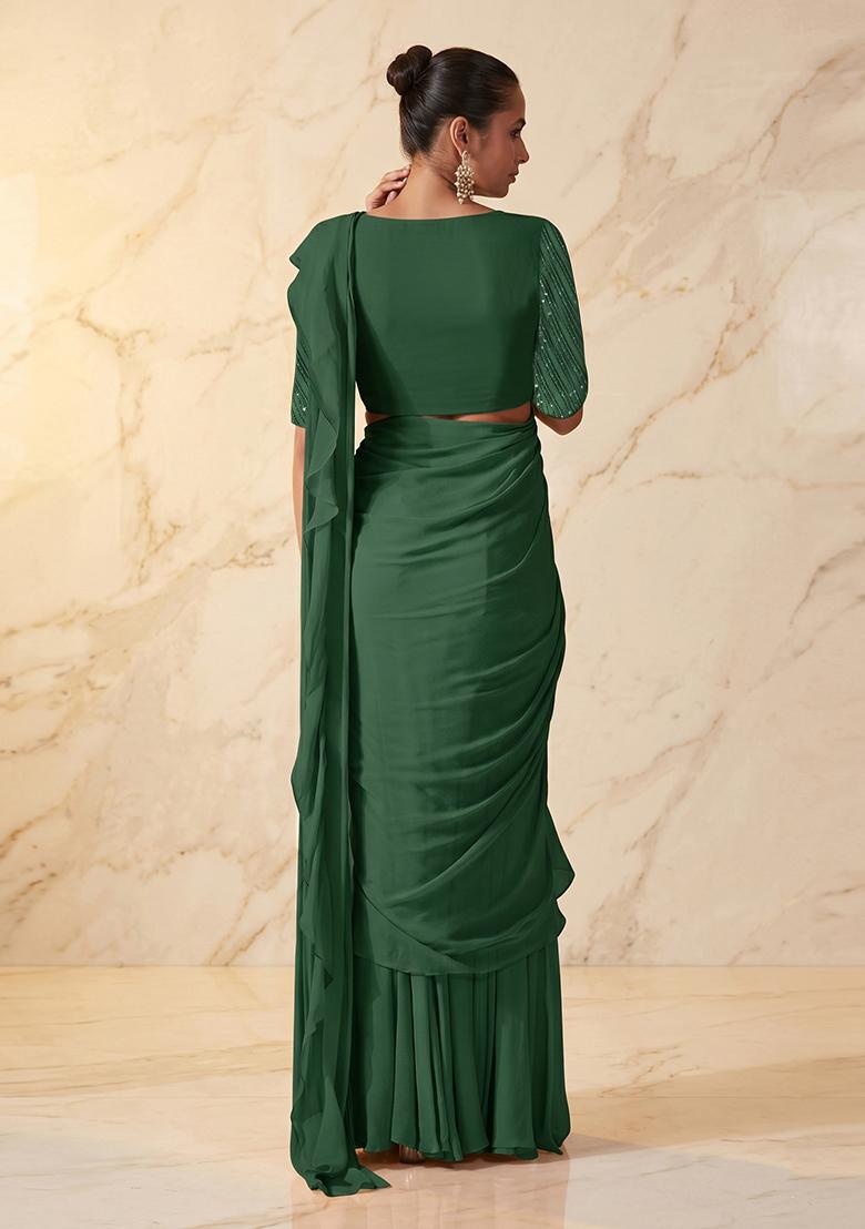 Dark Green Embroidered Handwork Pre Draped Saree Set - Indya