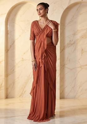 Rust Embroidered Handwork Pre Draped Saree Set