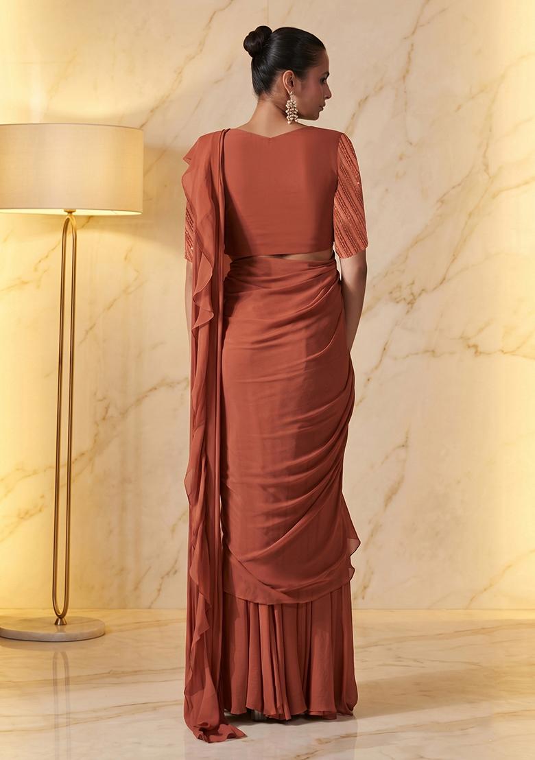 Rust Embroidered Handwork Pre Draped Saree Set - Indya