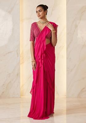 Rani Pink Embroidered Handwork Pre Draped Saree Set