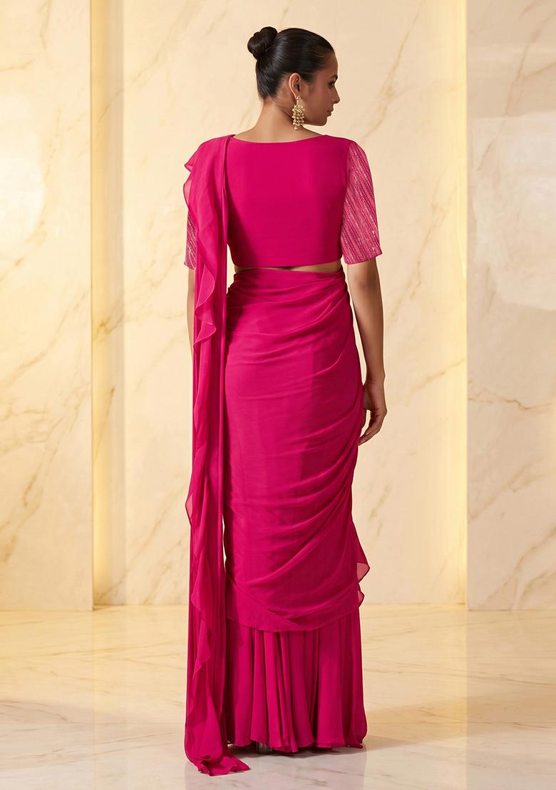 Rani Pink Embroidered Handwork Pre Draped Saree Set - Indya