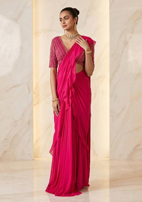 Rani Pink Embroidered Handwork Pre Draped Saree Set